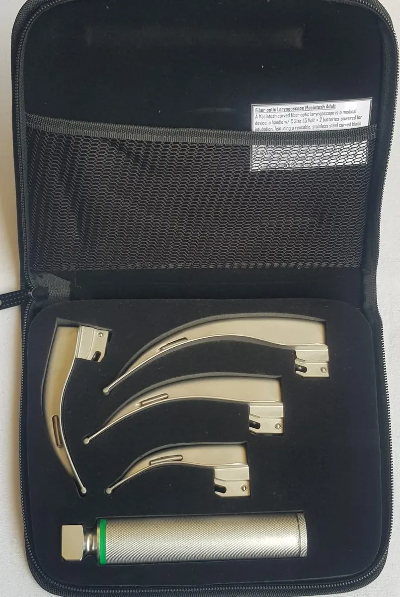 Macintosh Fiberoptic Laryngoscope Adult Set — 4 Curved Blades + Battery Handle