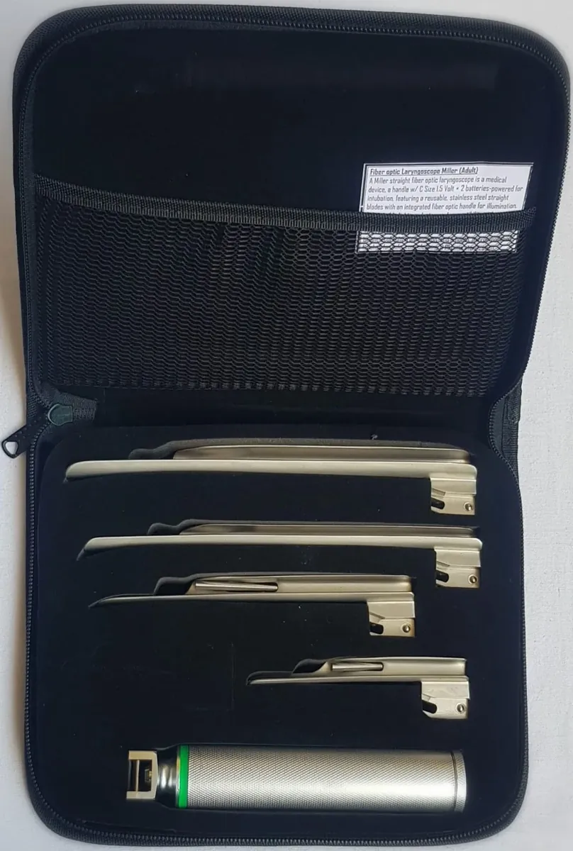 Miller Straight Fiberoptic Laryngoscope Adult Set — 5 Blades + Battery Handle